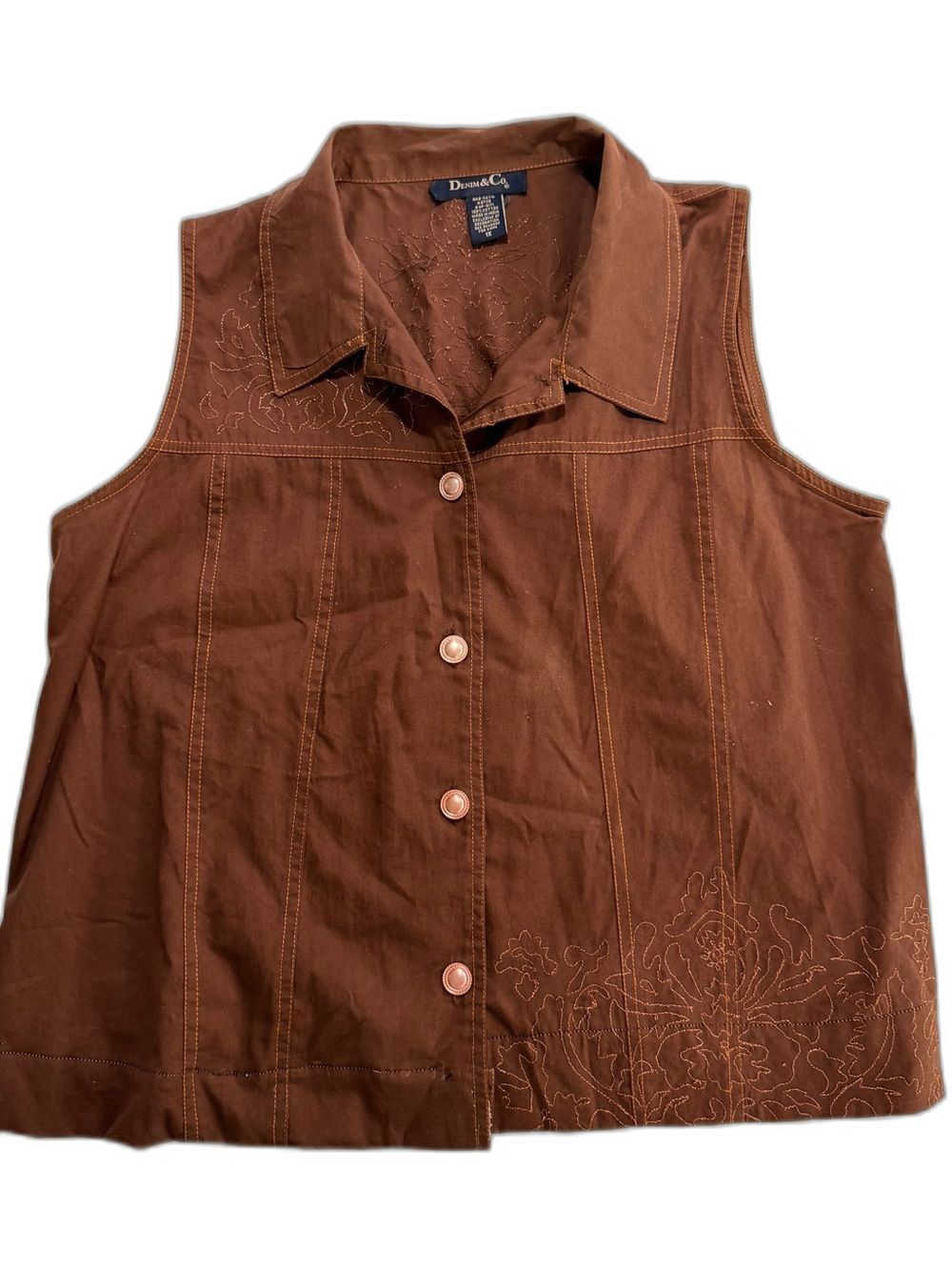 Denim & Co. 100% Cotton Floral Embroidered Sleeveless Button Front Blouse 1X